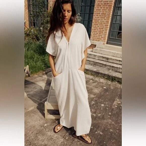 New Zara The Beatrice Linen Blend Ecru Kaftan Maxi Dress NWT Small - Picture 4 of 16